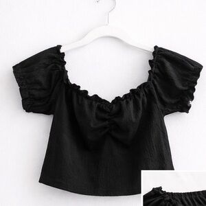 ZARA Black Off Shoulder Crop Top Small | Puff Sleeve Chic Minimalist Aesthetic